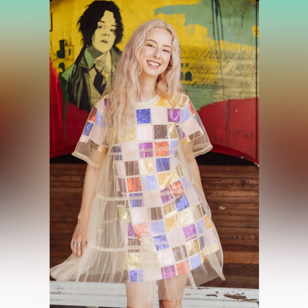Queen of Sparkles - Tan Mesh Overlay Rainbow Squares Dress - Size XS